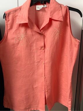Sleeveless Button-Front Coral Embroidered Linen Top